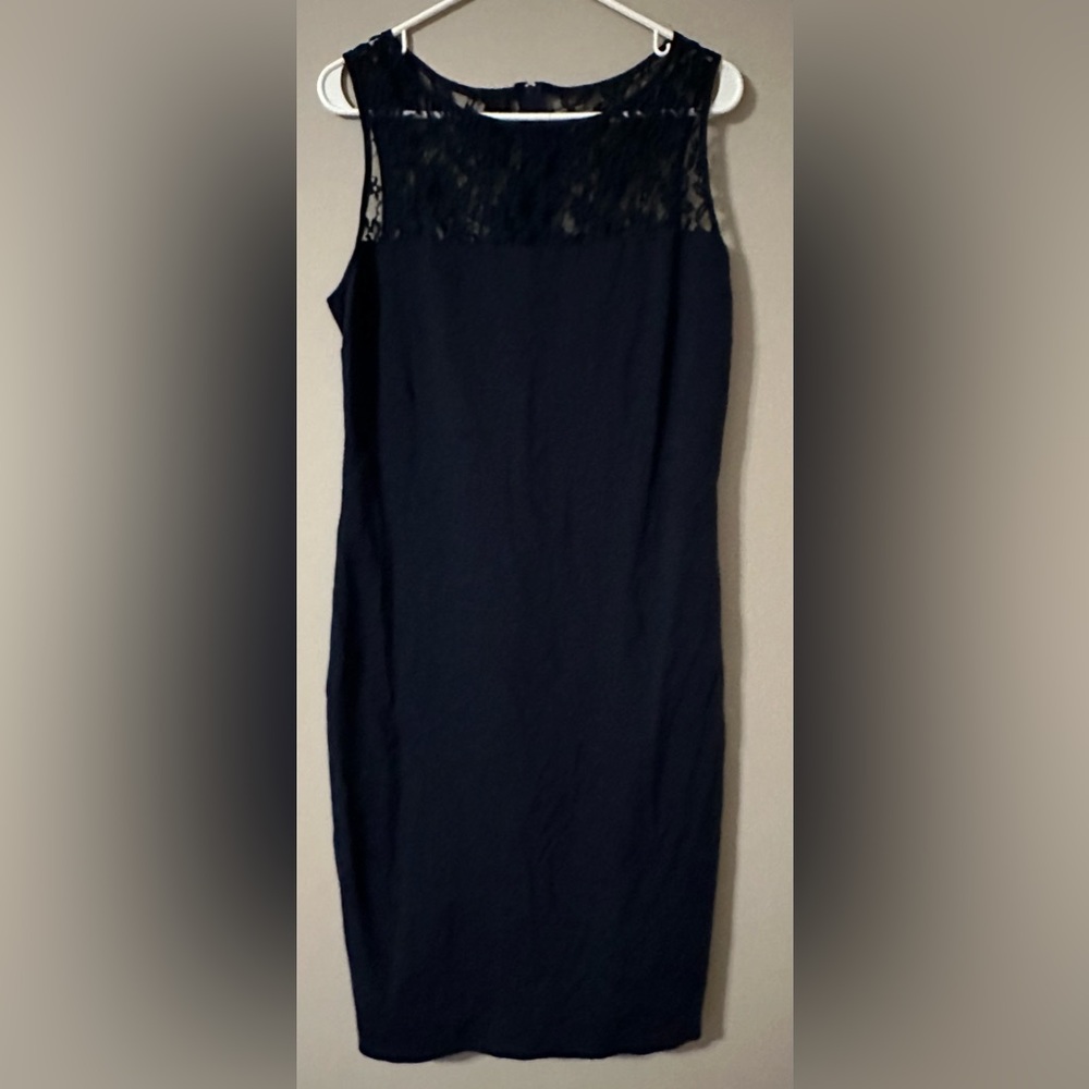 PIPHANY size MEDIUM navy, sleeveless, sheath dress with lace accents.